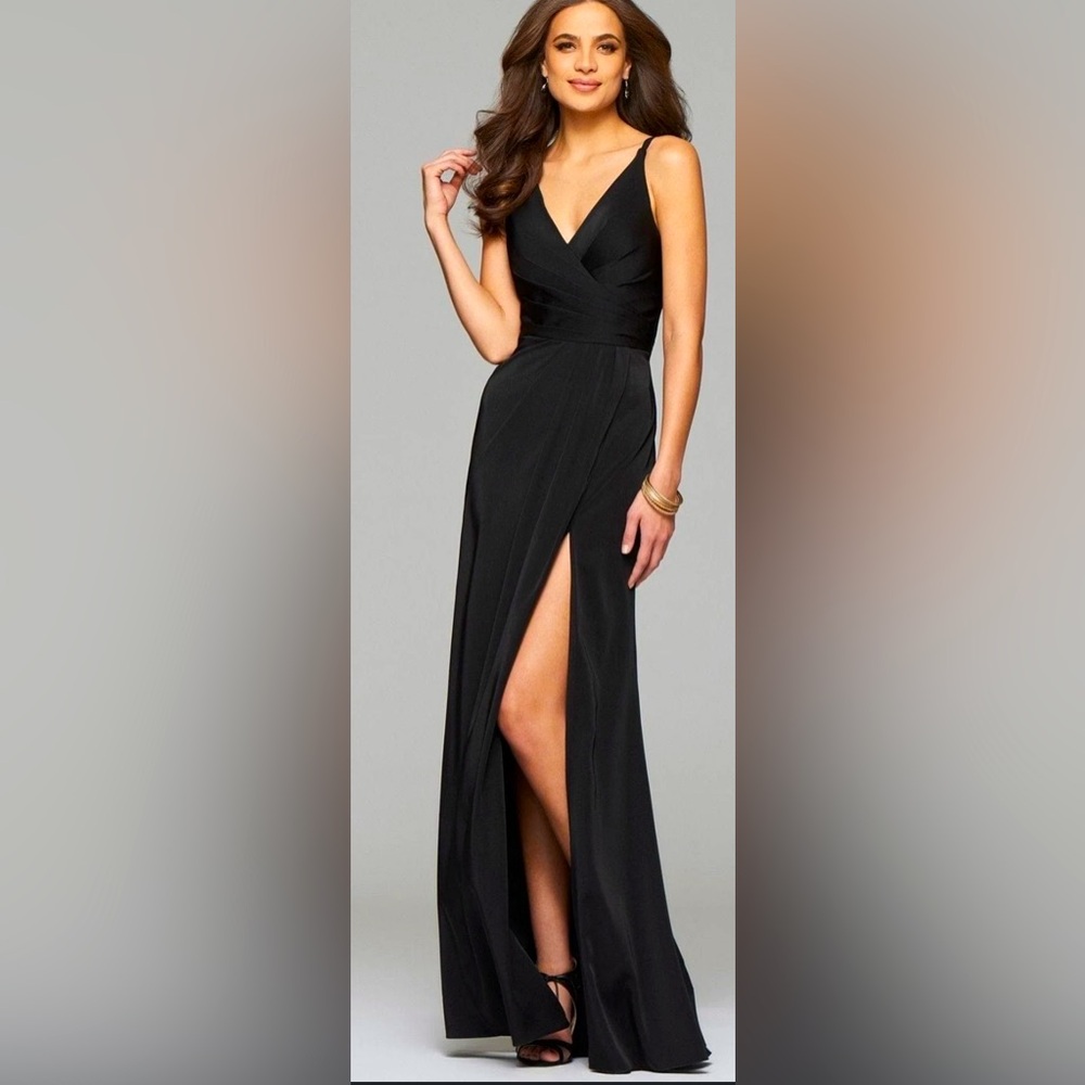 Faviana 7755 Sleeveless V-Neck Faux Wrap High Slit Faille Satin Gown in Black B2
